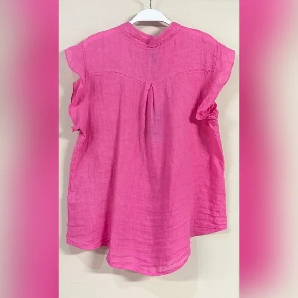 (8093-FUCH) SOLID RUFFLE SHORT SLEEVE CHEST POCKET BUTTON DOWN LINEN TOP - Picture 2 of 6